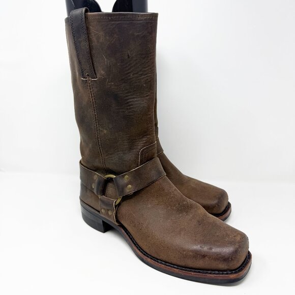 Frye Brown Oiled Leather Harness Boots Men's Size 10.5 EUC Pull On Made in USA